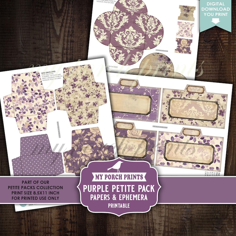 Purple Petite Pack Junk Journal Ephemera and Papers Kit, Cards Numbers ...