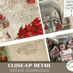 May include: Printable vintage Christmas postcard digital download featuring a red poinsettia, a winter scene with people walking, and a bird on a calendar with the date December 25th.