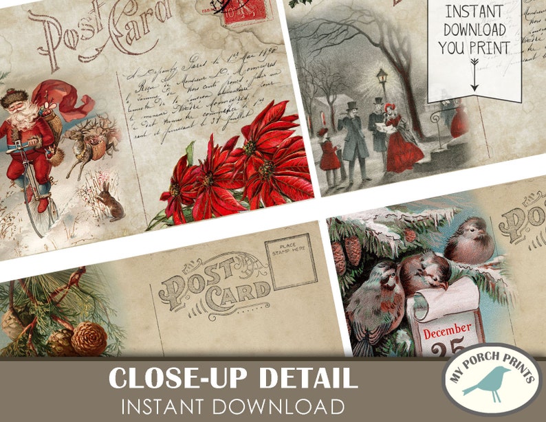 May include: Printable vintage Christmas postcard digital download featuring a red poinsettia, a winter scene with people walking, and a bird on a calendar with the date December 25th.