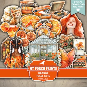 Orange Color FUSSY CUTS, Junk Journal, Cricut, Stickers, Butterflies, Ephemera, Summer, Set, My Porch Prints, Printable, Digital Download