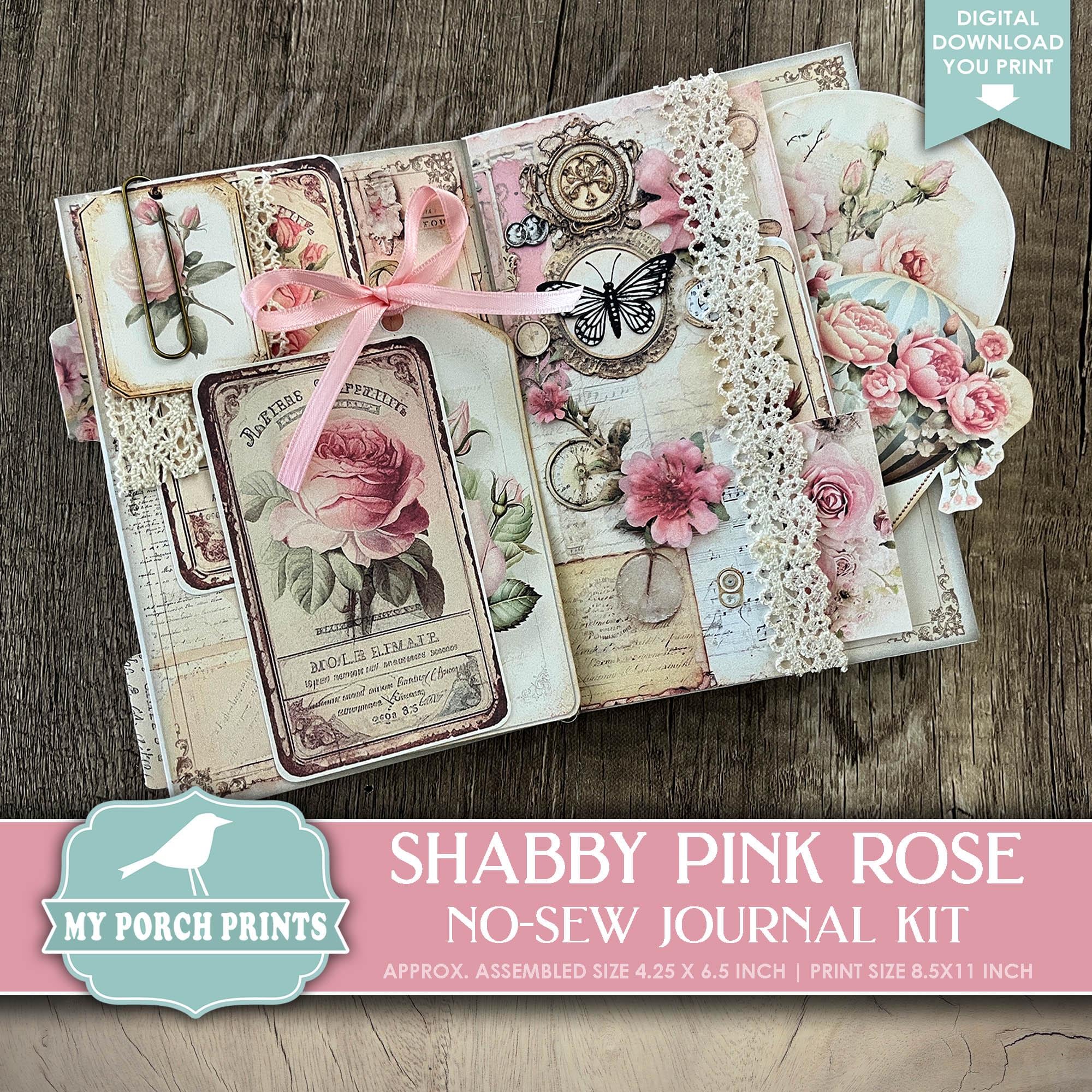 薔薇とレースのジャンクジャーナル・雑記帳　トレペ仕様　shabby rose Shabby Pink Rose No-sew Junk Journal Kit, Gift Idea, Beginner