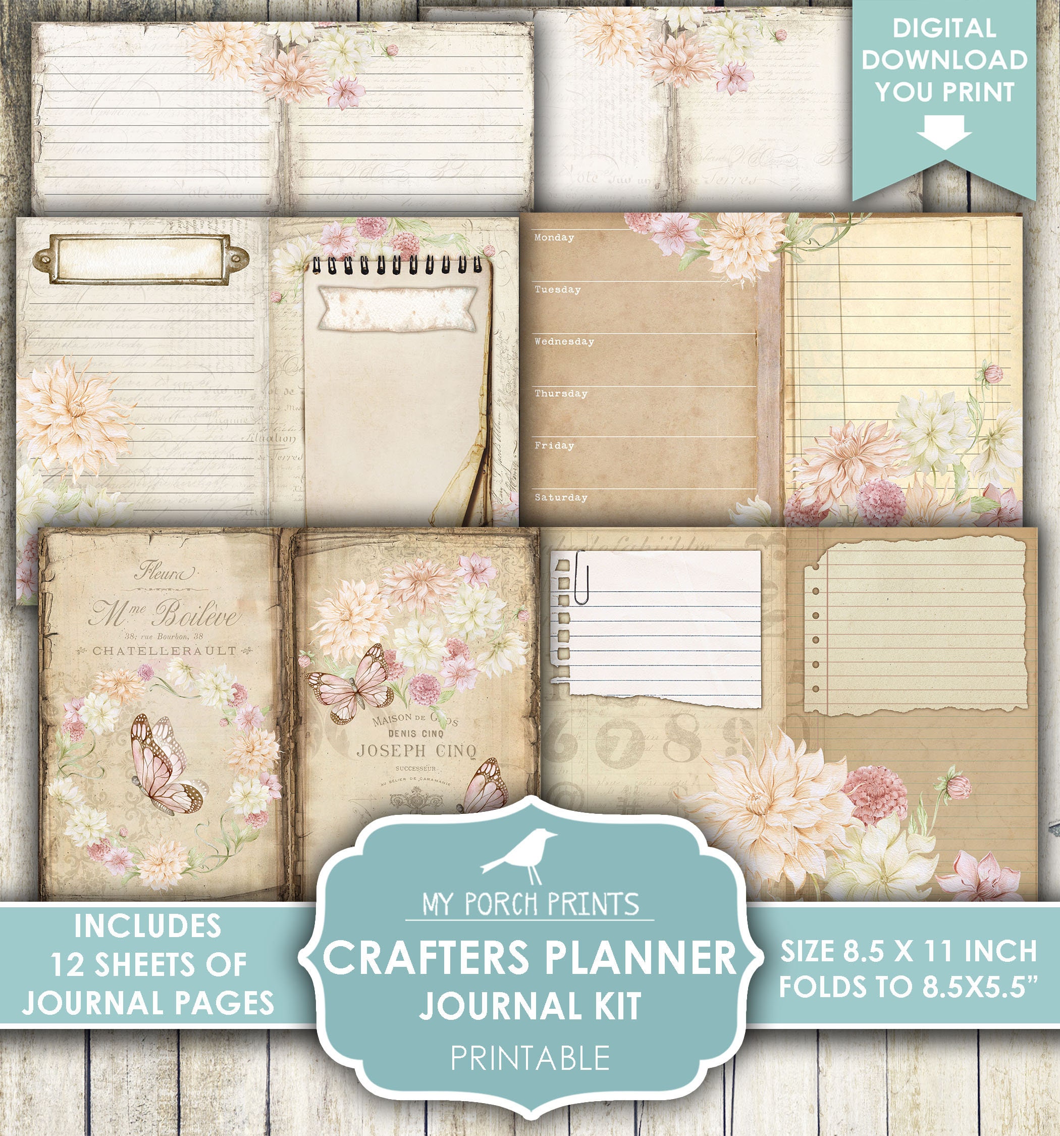 Clara Junk Journal Writing Folio Kit - Printable Digital Download Junk  Journal Kit