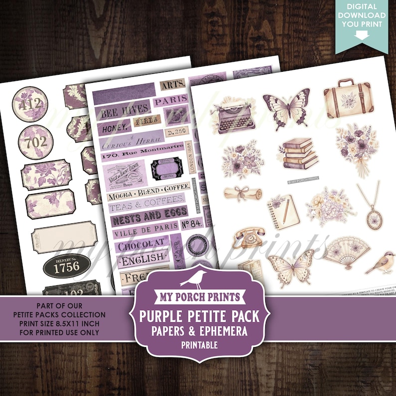 Purple Petite Pack Junk Journal Ephemera and Papers Kit, Cards Numbers ...