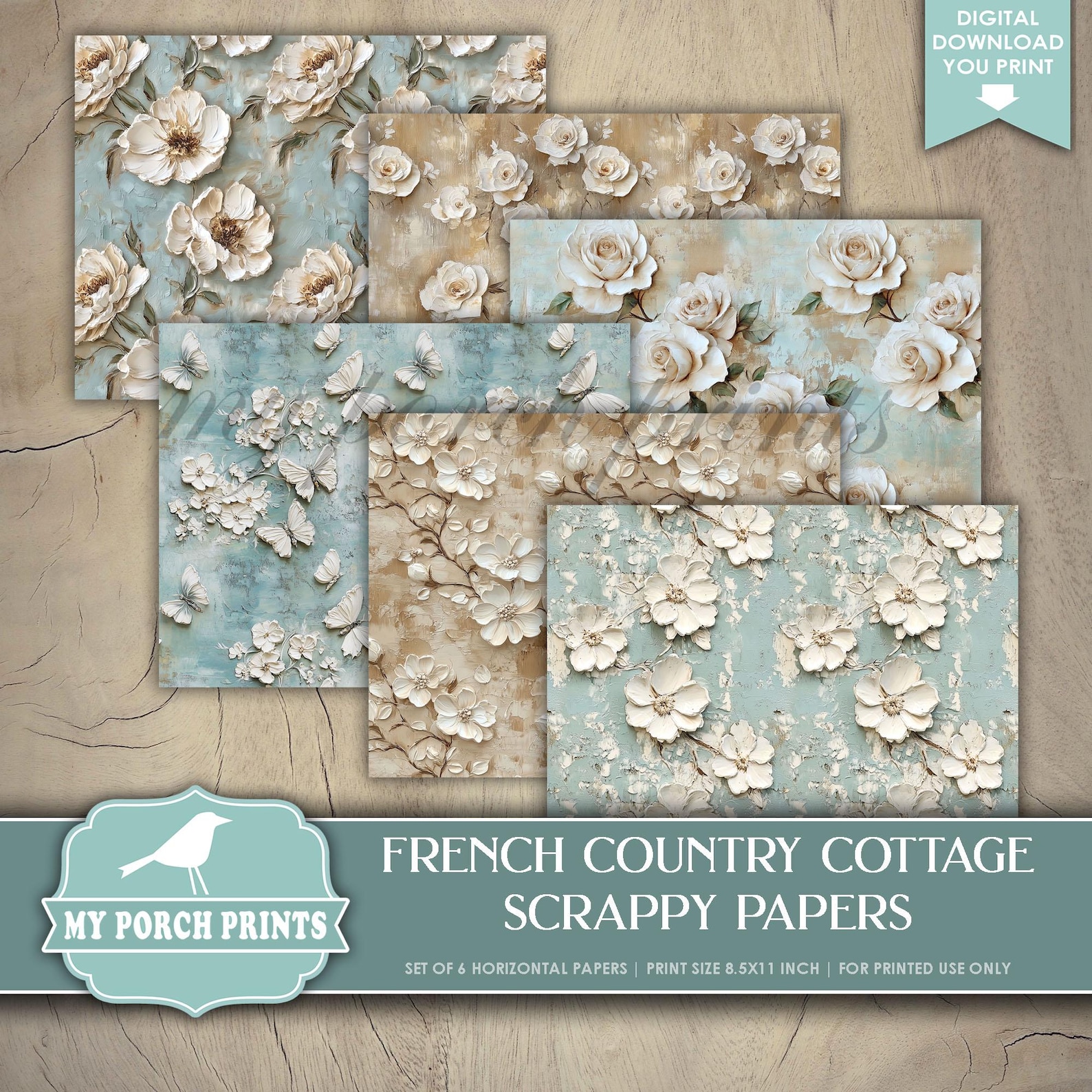 French Country Cottage Scrappy Papers, Junk Journal, Pages, Blue ...