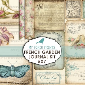 Jardin Français, Junk Journal Kit, 5x7, Pages de journal, Paris, Livre, vintage, Éphémères imprimables, Feuille de collage, Numérique, Fleurs, Papier, Cartes