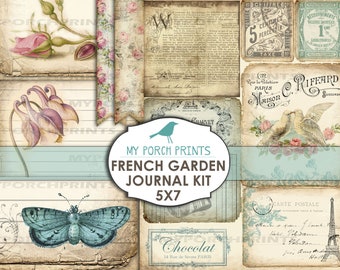 French Garden, Junk Journal Kit, 5x7, Journal Pages, Paris, Book, Vintage, Printable Ephemera, Collage Sheet, Digital, Flowers, Paper, Cards