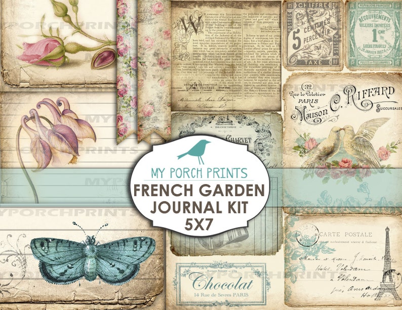 May include: A digital collage kit featuring vintage French-inspired images, including floral illustrations, text, and a butterfly. The kit is titled "French Garden Journal Kit 5x7" and includes the text "My Porch Prints".