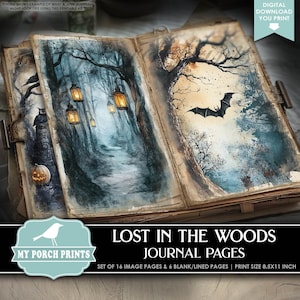 Lost In The Woods Junk Journal PAGES, Kit, Fall, Autumn, Forest, Halloween, Spooky, Blue, Gothic, My Porch Prints Printable Digital Download