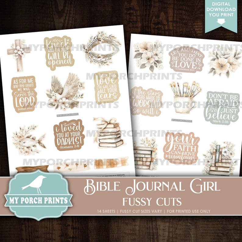 May include: Digital download of Bible Journal Girl fussy cuts. The image features various watercolor designs, including floral arrangements, crosses, and inspirational quotes. The text includes phrases like "Love," "Faith," and "Believe."