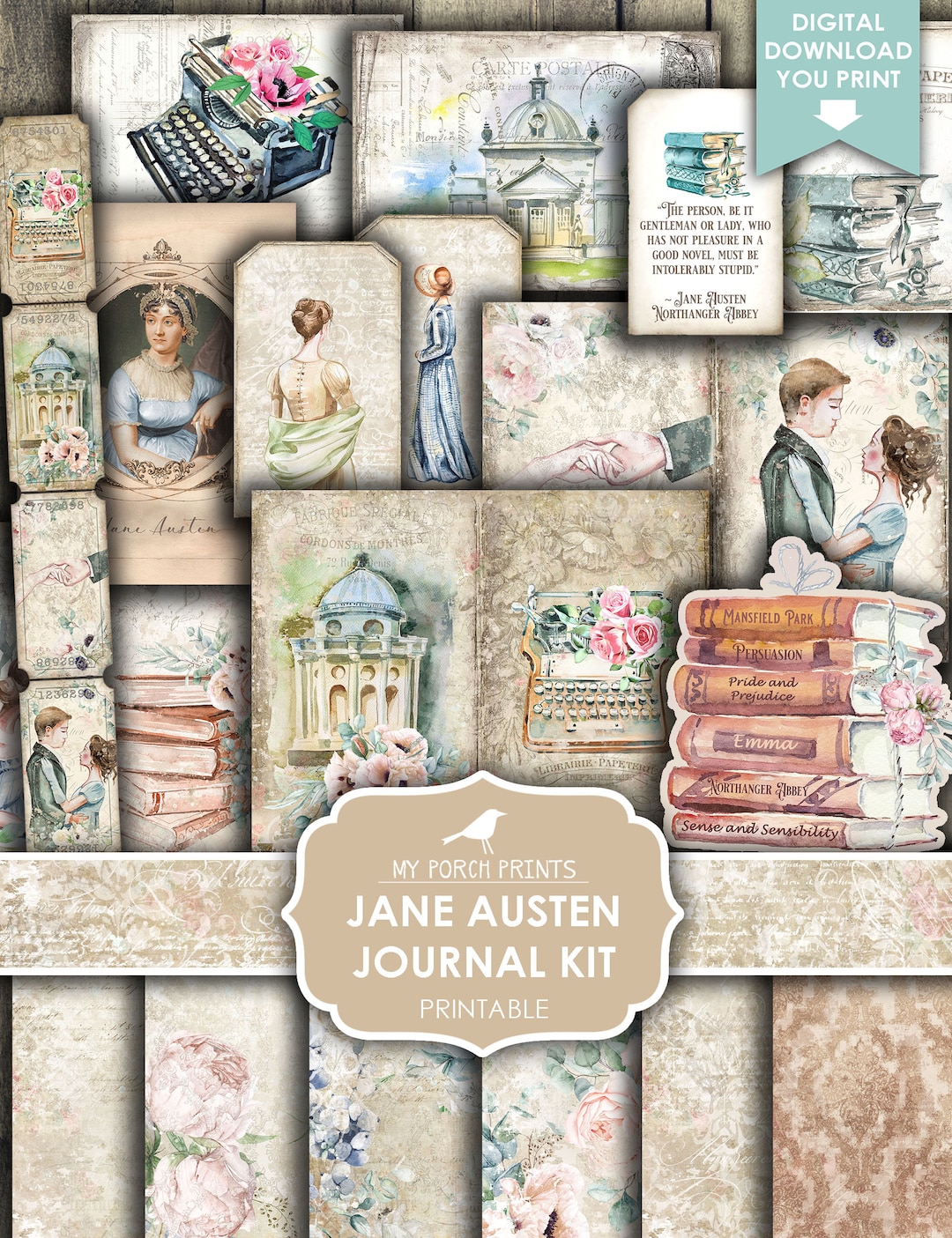 Jane Austen Gift Set / Jane Austen Junk Journal / Vintage Jane