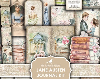 May include: A printable journal kit featuring Jane Austen's novels. The kit includes images of books, flowers, and architectural details. The text "My Porch Prints Jane Austen Journal Kit Printable" is displayed on a banner.