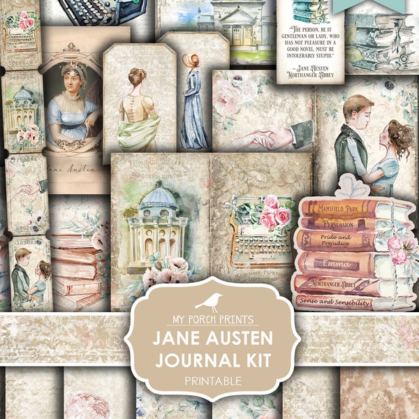 Jane Austen Junk Journal Kit, Pride and Prejudice, Little Women, Victorian, Author, Shabby, My Porch Prints, Digital Download, Printable