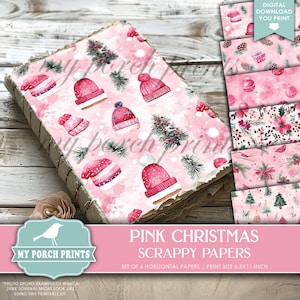 Pink Christmas Scrappy Papers, Junk Journal, Pages, Holiday, Winter, Backing, Collage, Craft, My Porch Prints, Printable, Digital Download