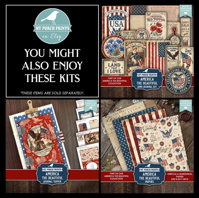 K&ouml;nnte beinhalten: Eine Collage von digitalen Papier-Kits mit patriotischem Thema. Das Bild zeigt Journal-Kits, Papiere und Aufs&auml;tze mit amerikanischen Flaggen, Adlern und Vintage-Designs. Der Text enth&auml;lt "America the Beautiful" und "God Bless America."