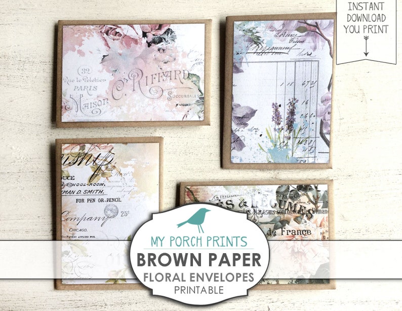 Brown Paper, Mini Envelopes, File, Folder, Pocket Letter, Card, Tags, Junk Journal, Ephemera, Scrapbook, Collage, Floral, Printable, Vintage image 7