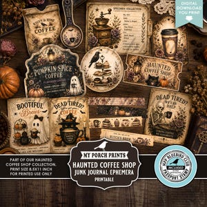 以下が含まれることがあります： 幽霊、骸骨、黒猫、カボチャ、コーヒー関連アイテムのイラストが描かれた、お化けコーヒーショップをテーマにしたジャンクジャーナル用印刷素材のコレクション。Pumpkin Spice CoffeeやDead Tiredなどのテキストが記されたラベルが含まれています。