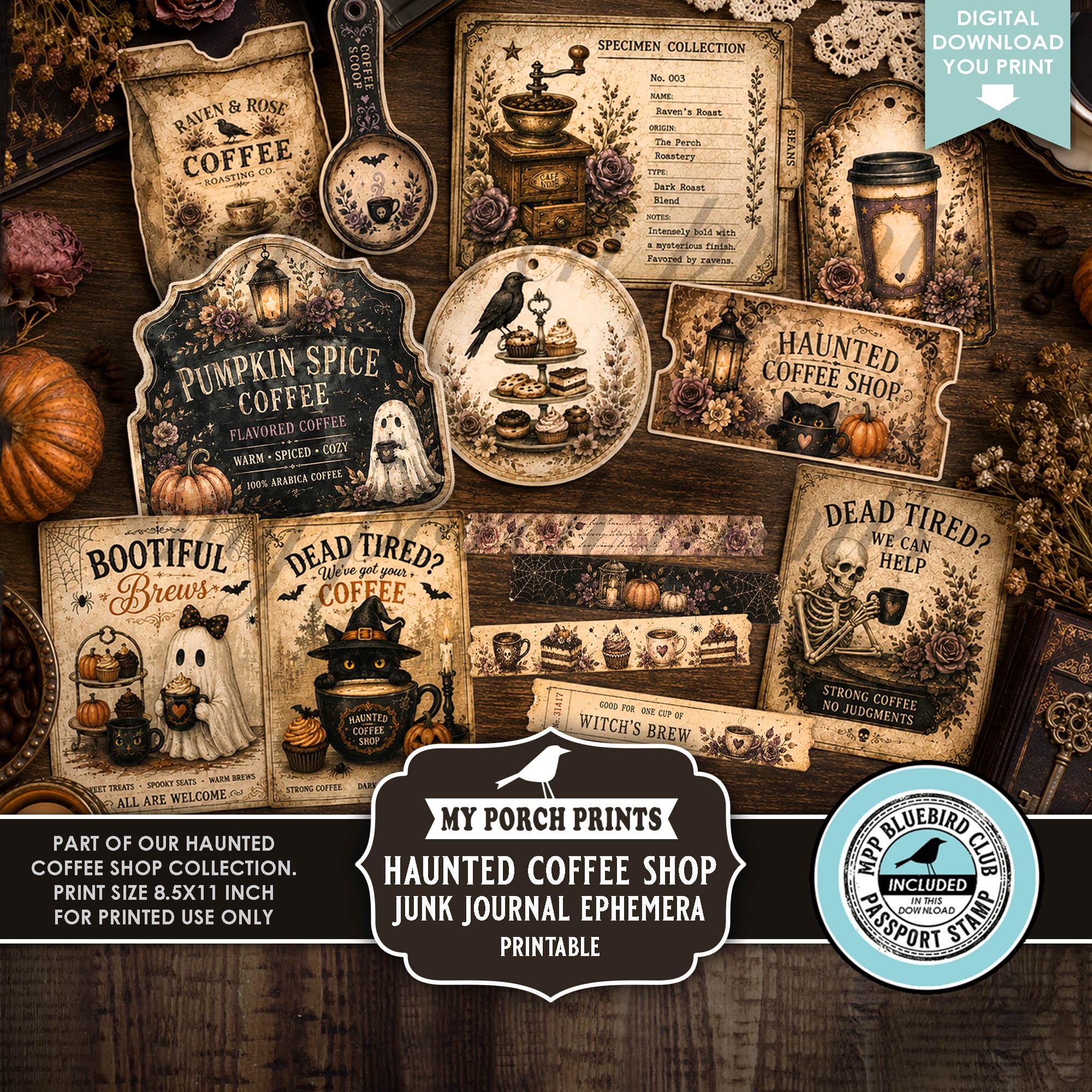 Haunted Coffee Shop Junk Journal EPHEMERA Kit, October Spooky Ghost Cafe Pumpkin Fall Autumn My Porch Prints Printable Digital Download