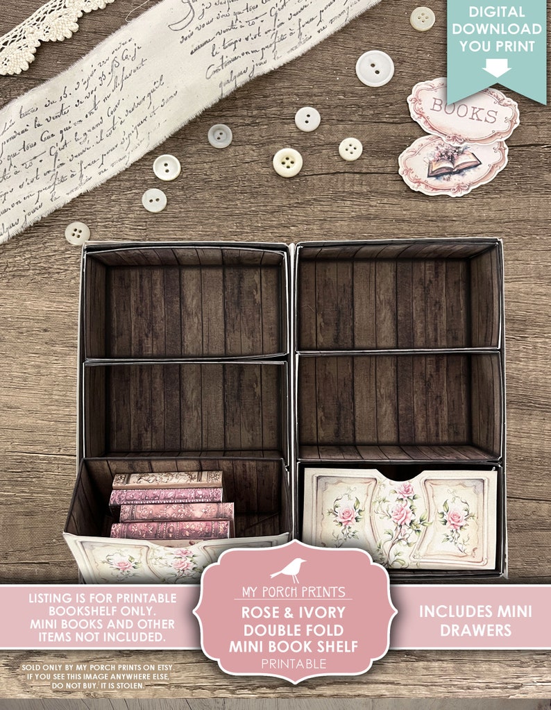 Rose and Ivory Double Fold Mini Book Shelf, Junk Journal Books, Bookshelf Box, Miniature Cabinet, Printable My Porch Prints Digital Download bild 5