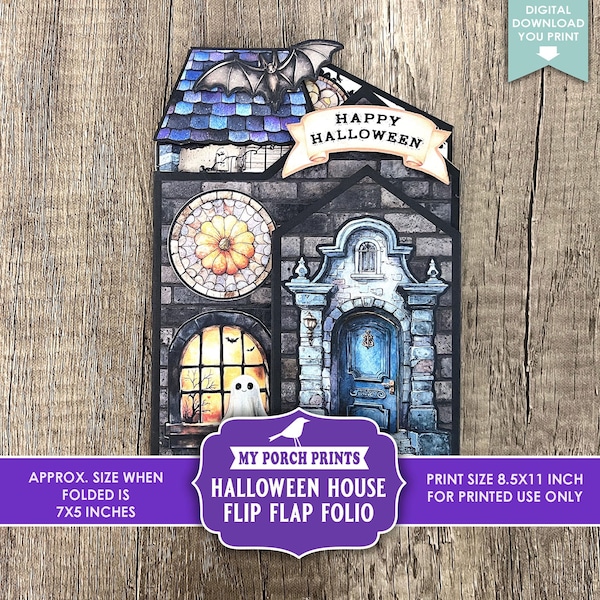 Halloween House Flip Flap Folio, Junk Journal, Fall, Spooky, Haunted, Pumpkin, Gift, Card, Craft, My Porch Prints Digital Download Printable