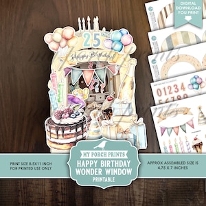 May include: A colorful printable birthday card with a layered design. The card features a cake, balloons, gifts, and the text "Happy Birthday!" and "25". The assembled size is approximately 4.75 x 7 inches.