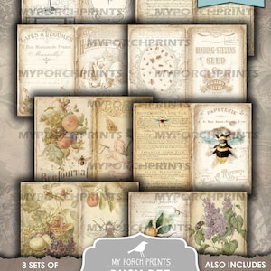 May include: Printable journal kit with 8 sets of pages featuring vintage illustrations of bees, flowers, and fruits. The pages are 8.5 inches by 11 inches. The kit also includes blank and lined pages.