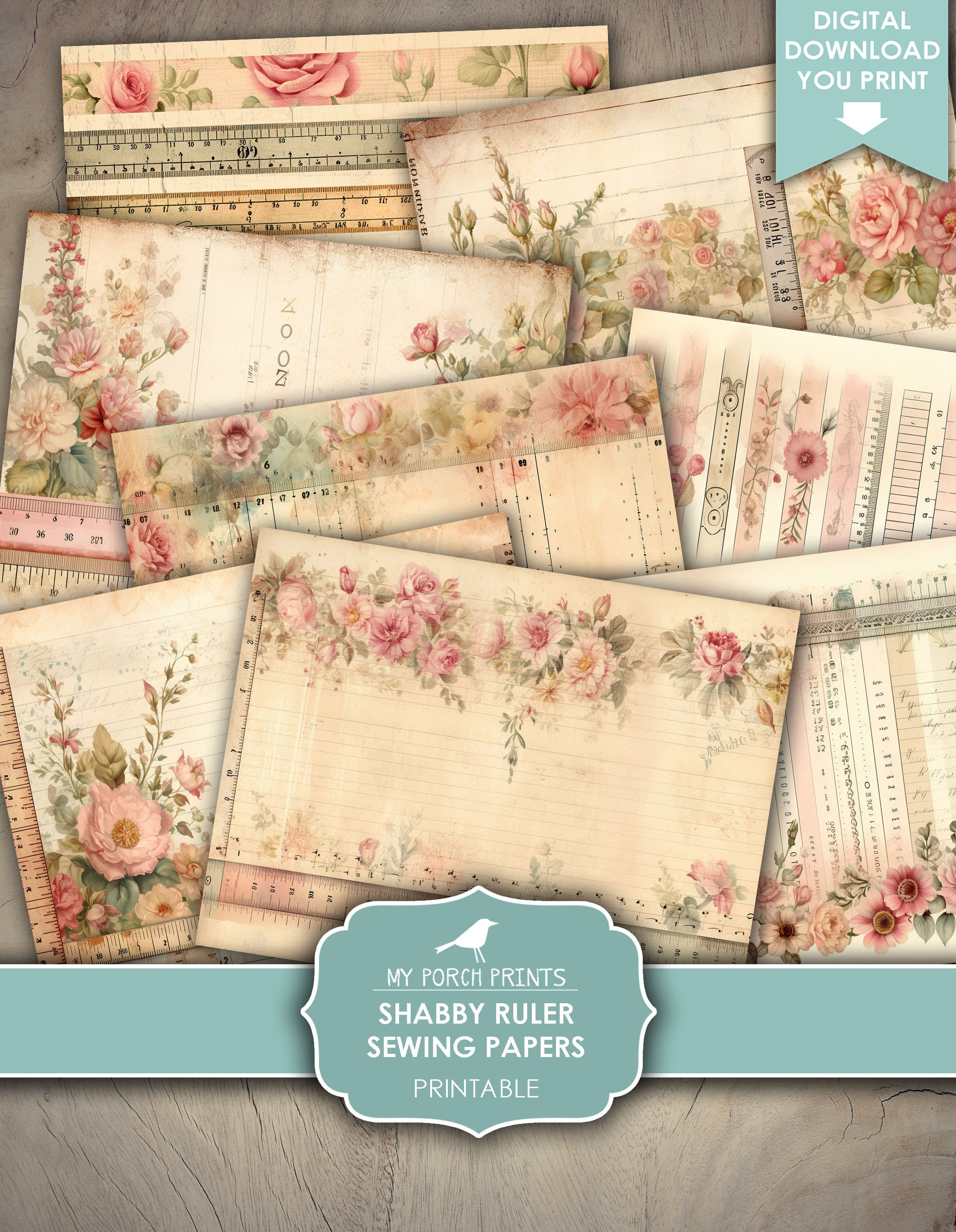 Junk Journal Papers Shabby Ruler Sewing Pink Floral