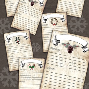 May include: Set of six printable Christmas recipe cards with vintage-inspired designs. Each card features a different festive illustration, including a wreath, a pine cone, candy canes, holly, and Santa Claus. The cards have blank spaces for writing down ingredients and directions.
