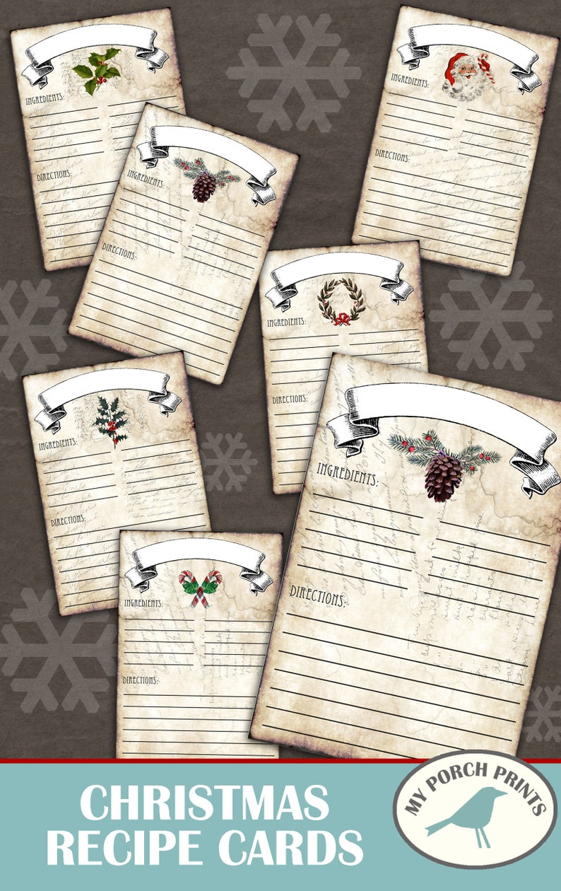 May include: Set of six printable Christmas recipe cards with vintage-inspired designs. Each card features a different festive illustration, including a wreath, a pine cone, candy canes, holly, and Santa Claus. The cards have blank spaces for writing down ingredients and directions.