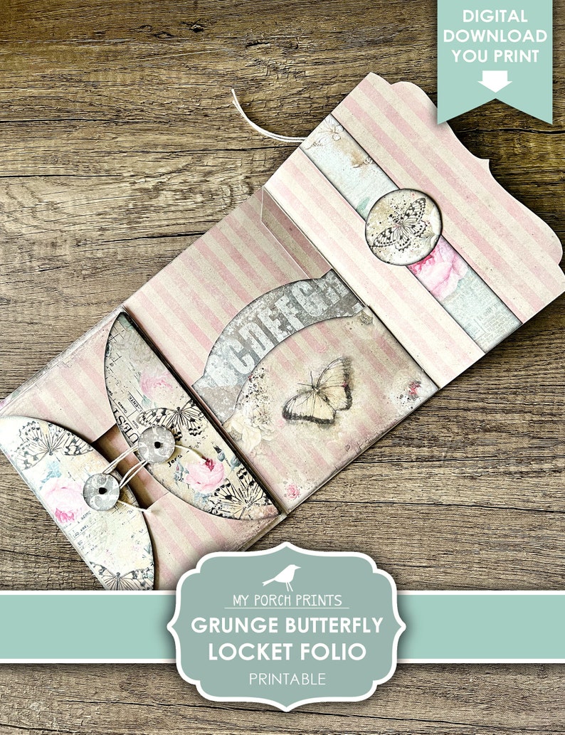 Skräpjournal, Folio, Fjäril, Shabby, Grunge, Vintage, Mapp, Rosa, Medaljong, Min veranda-utskrifter, Insats, Digitalt kit, Nedladdning, Utskrivbar bild 1