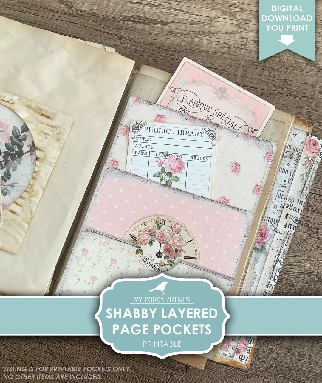 Shabby Layered Page Pockets for Junk Journal, Pink, Purple, Yellow ...