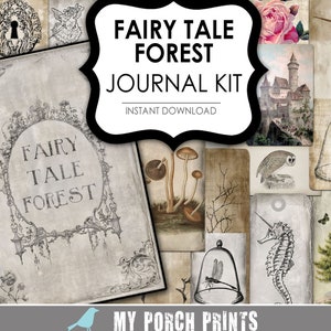 May include: A digital printable journal kit with a fairy tale forest theme. The kit includes images of a key, a lock, a unicorn, a castle, mushrooms, a dragonfly, a seahorse, a tree, and a rose.