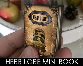 Herb Lore Mini Book, mini-album, drankje boek, drankje label, plakboek, afdrukbaar, vintage, herbologie, plant, natuur, miniatuur, junk journal