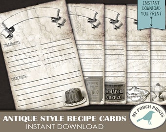 Antique Recipe Cards, Scrapbook, ATC, 4x6, ephemera, junk journal kit, download, paper,digital collage sheet, vintage, grunge, printable