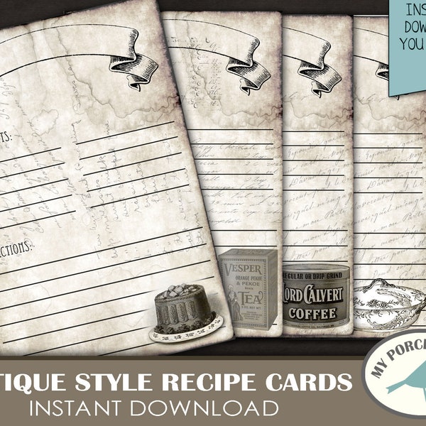 Antique Recipe Cards, Scrapbook, ATC, 4x6, ephemera, junk journal kit, download, paper,digital collage sheet, vintage, grunge, printable