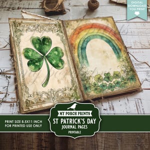 May include: St. Patrick's Day journal pages with a vintage aesthetic. The left page features a large green shamrock within a decorative frame. The right page displays a watercolor rainbow and shamrocks. The journal is tied with twine and includes the text "My Porch Prints".