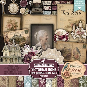 May include: A digital scrapbooking kit featuring Victorian-themed elements including a portrait of an older person, a vintage house, tea cups, floral patterns, a typewriter, a pocket watch, postcards, and lace, with text reading My Porch Prints.