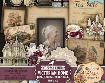 Bluebird Rose Mystery Victorian Home Scrap Pack, Junk Journal Kit Papers Vintage Tea Books Bird My Porch Prints Printable Digital Download