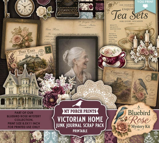 Bluebird Rose Mystery Victorian Home Scrap Pack — Vintage Tea Books & Bird Junk Journal Kit