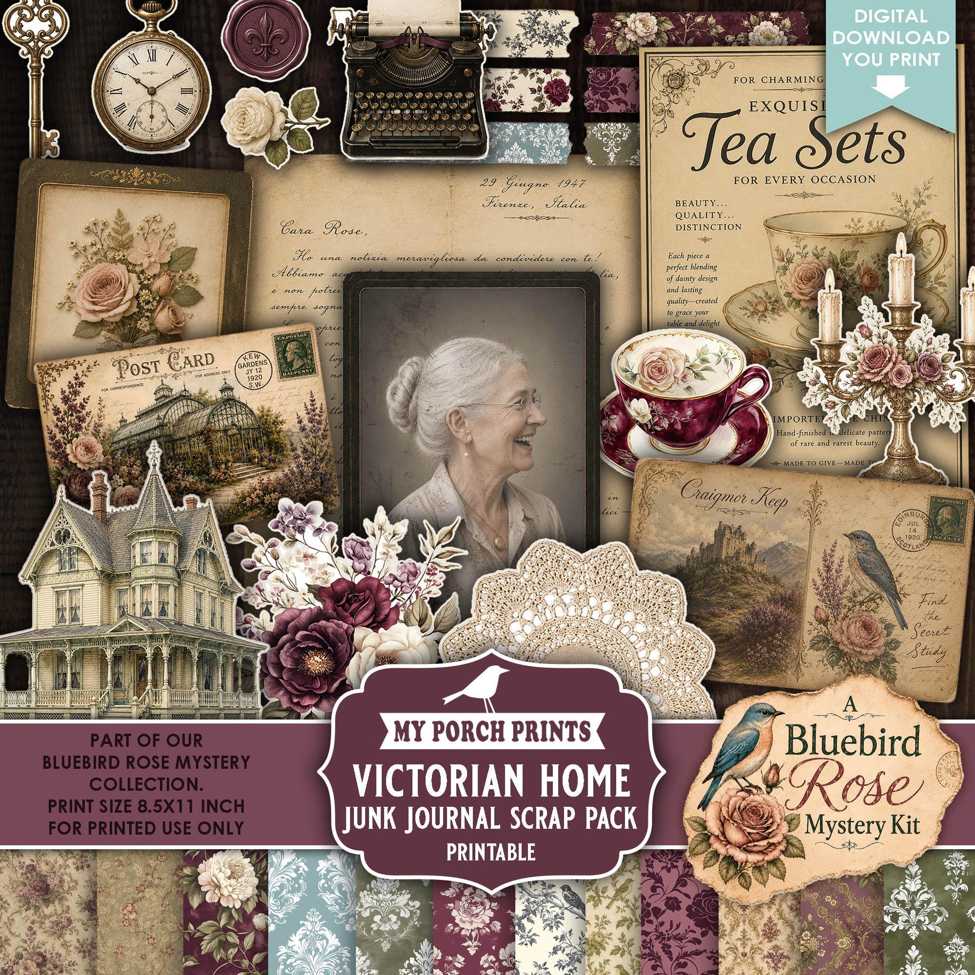 Bluebird Rose Mystery Victorian Home Scrap Pack, Junk Journal Kit Papers Vintage Tea Books Bird My Porch Prints Printable Digital Download