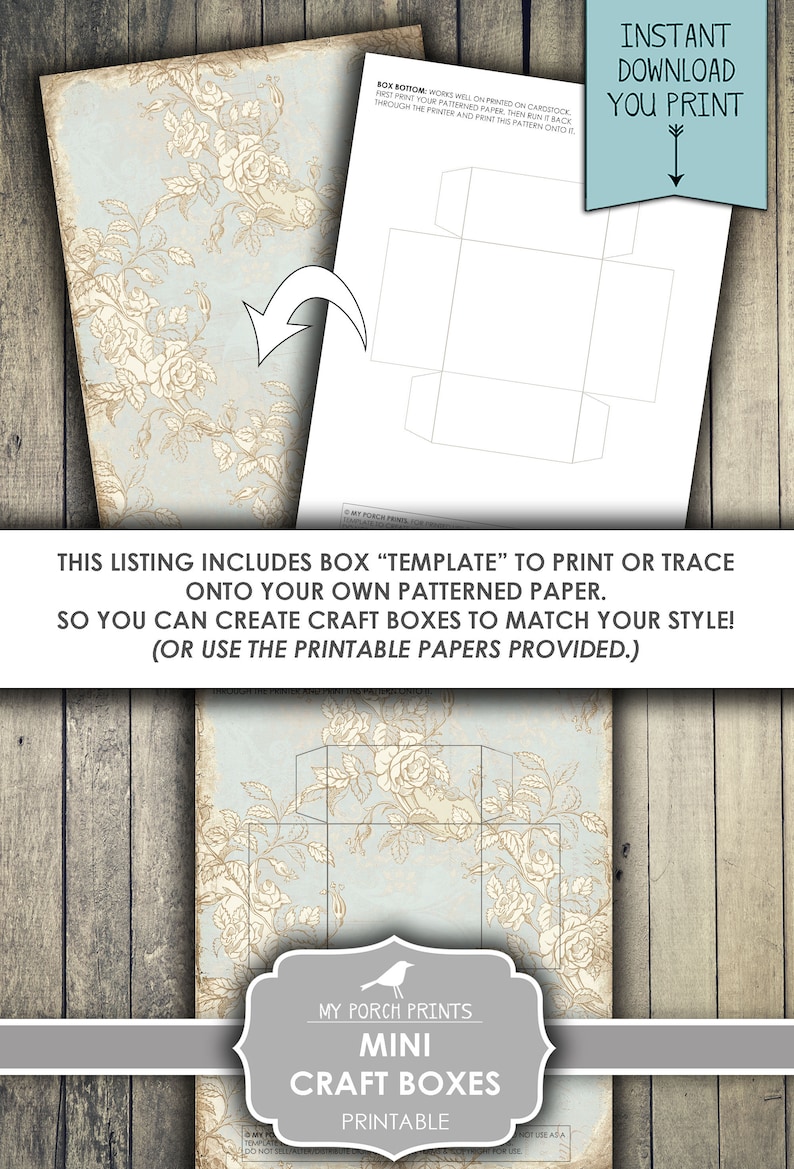 Puede incluir: Plantilla imprimible para crear mini cajas de manualidades. La plantilla presenta un dise&ntilde;o floral con rosas y hojas sobre un fondo azul claro. El texto "INSTANT DOWNLOAD YOU PRINT" est&aacute; en la parte superior de la imagen. El texto "THIS LISTING INCLUDES BOX "TEMPLATE" TO PRINT OR TRACE ONTO YOUR OWN PATTERNED PAPER. SO YOU CAN CREATE CRAFT BOXES TO MATCH YOUR STYLE! (OR USE THE PRINTABLE PAPERS PROVIDED.)" est&aacute; en la parte inferior de la imagen.