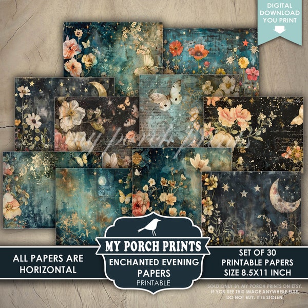 Enchanted Evening PAPERS, Junk Journal, Magic, Fairy Tale, Forest, Moon, Stars, Flowers, Night, My Porch Prints, Printable, Digital Download