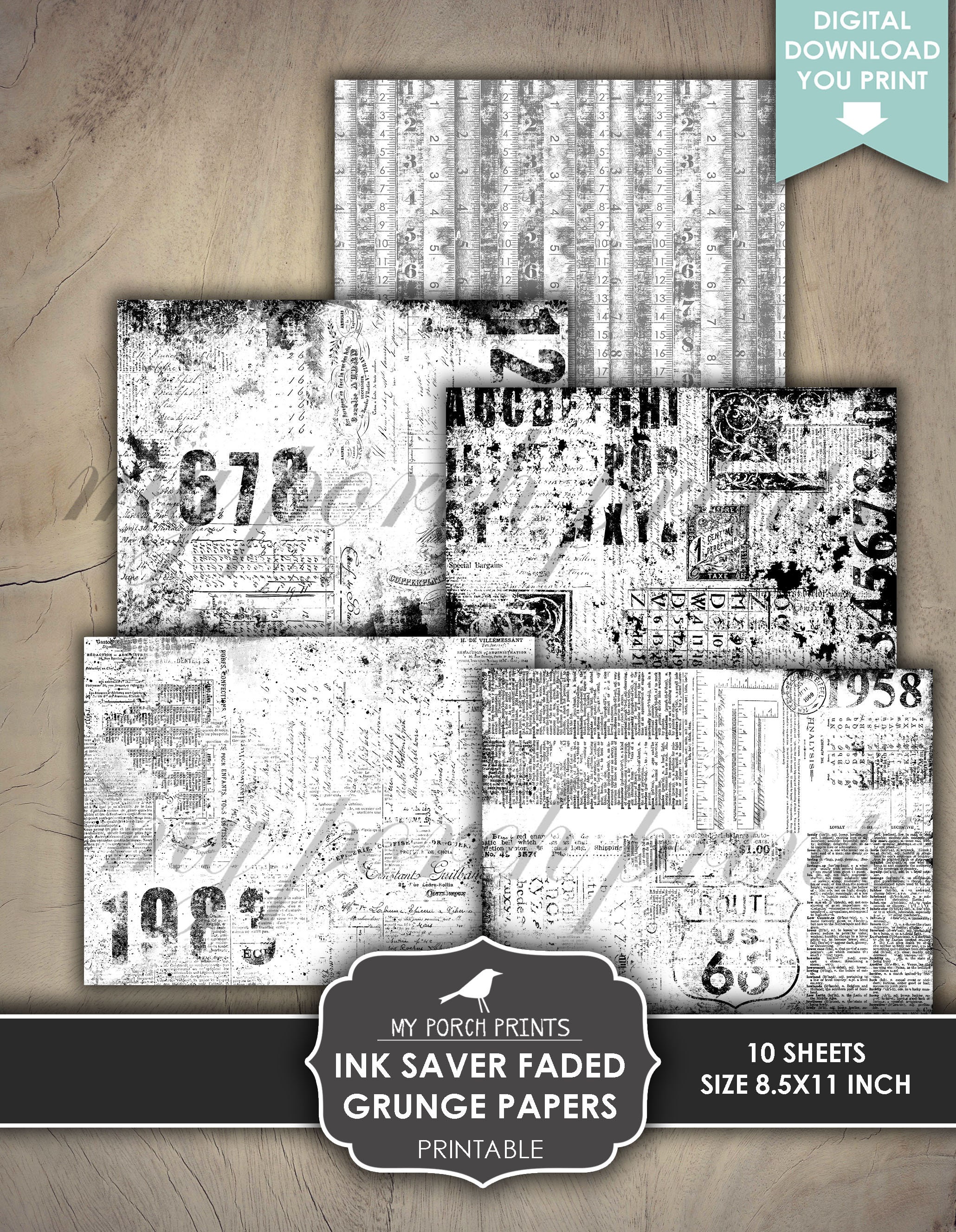 Faded Grunge Papers, Junk Journal, Ink Saver, Vintage, Black and White ...