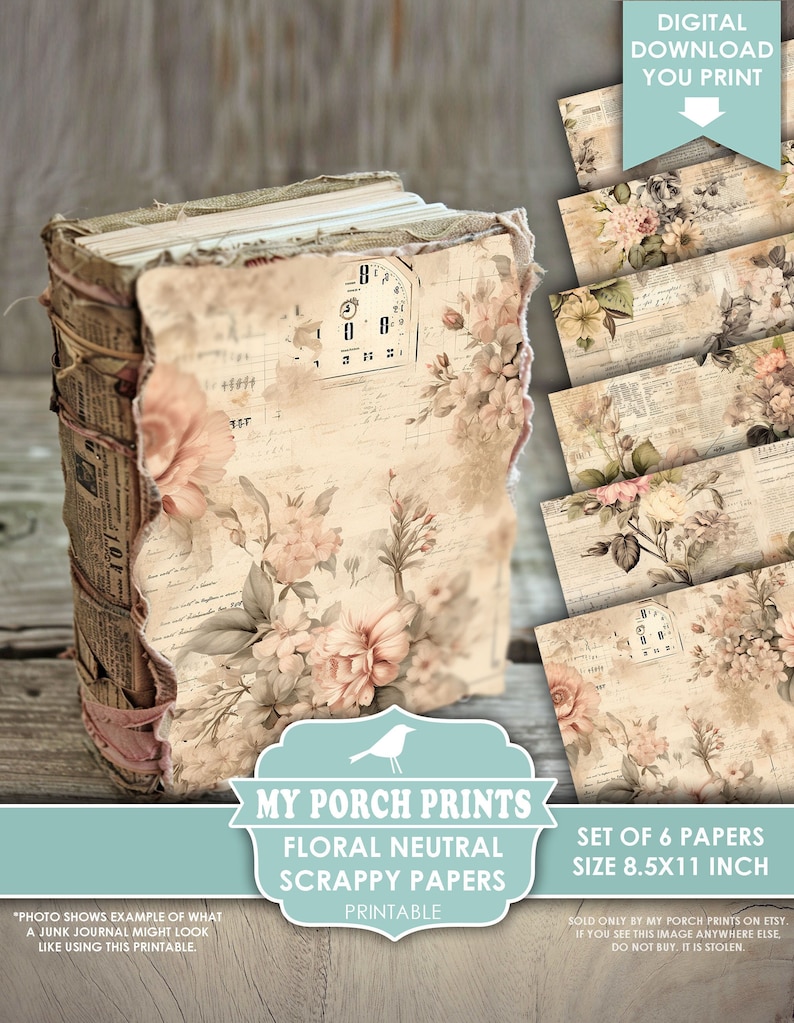 Floral Neutral Scrappy Papers, Junk Journal Pages, Vintage, Shabby, Backing, Paper, Pink, Rose, My Porch Prints, Printable, Digital Download image 1