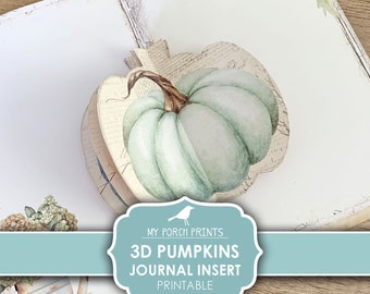 May include: A 3D pumpkin journal insert with a light blue and brown color scheme. The pumpkin is the focal point, with a vintage-style design. The text "MY PORCH PRINTS 3D PUMPKINS JOURNAL INSERT PRINTABLE" is displayed on a teal banner.