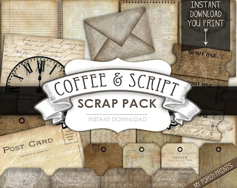 Coffee & Script, junk journal kit, handwriting, Scrap Pack, ephemera, my porch prints, neutral, printable, postcard, vintage, coffee stain