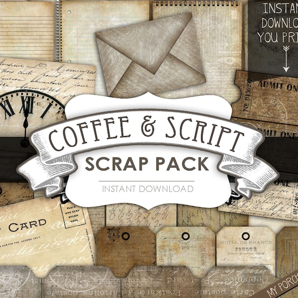 Koffie & Script, junk journal kit, handschrift, Scrap Pack, ephemera, mijn veranda prints, neutraal, afdrukbaar, ansichtkaart, vintage, koffievlek