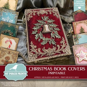 Christmas Book Covers Junk Journal, Topper, Cover, Tree, Snowman, Green, Pink, Blue, Victorian, My Porch Prints, Printable, Digital Download