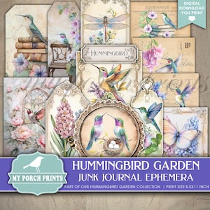 Kolibri-Garten EPHEMERA, Junk Journal, Kit, Pastell, Regenbogen, Bunt, Vögel, Frühling, Magie, Meine Veranda Drucke druckbarer digitaler Download