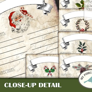 May include: Printable Christmas recipe cards with vintage-inspired designs. Each card features a different festive illustration, including Santa Claus, holly, and a candy cane. The cards have blank spaces for writing ingredients and directions.