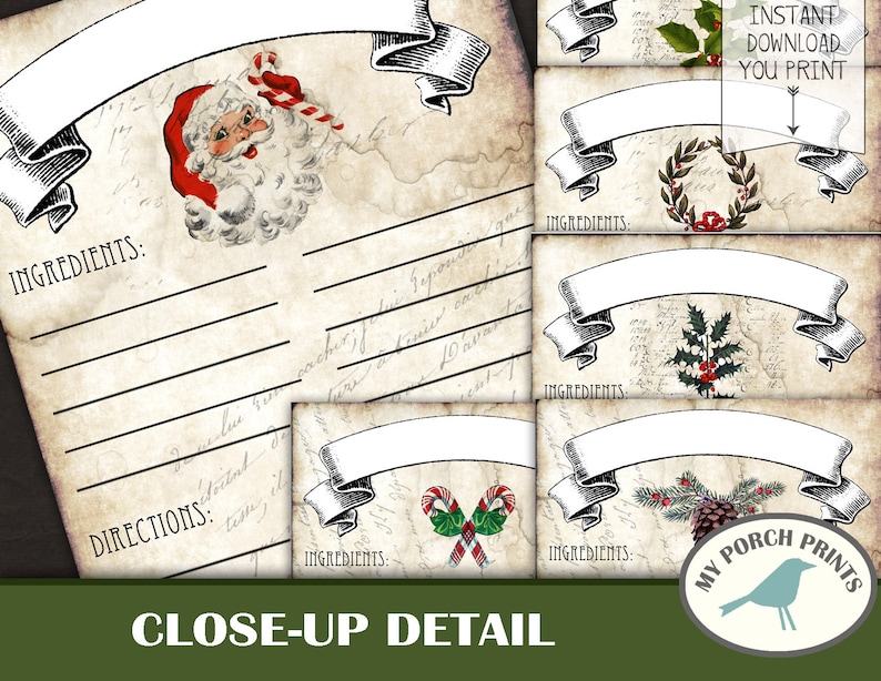 May include: Printable Christmas recipe cards with vintage-inspired designs. Each card features a different festive illustration, including Santa Claus, holly, and a candy cane. The cards have blank spaces for writing ingredients and directions.